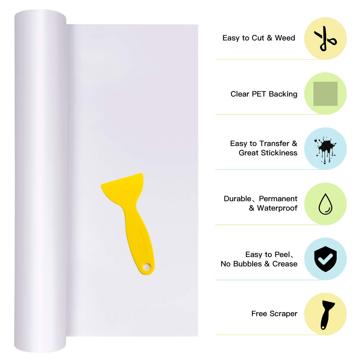 HTVRONT White Permanent Vinyl, Adhesive Vinyl Roll 12