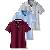 3 Pack Youth Girls' Performance Polo Shirts, Short Sleeve Pique Collared Kids School Uniform Tops