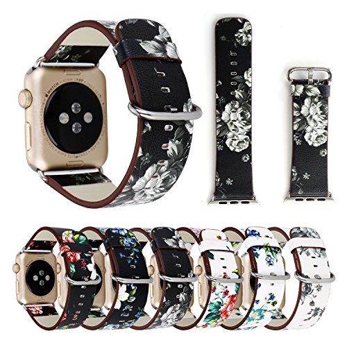 YOSWAN Bracelet For Apple Watch, National Black White Floral Printed Leather Watch Band 38mm 42mm Strap For Apple Watch Flower Design Wrist Watch Bracelet, 38 mm, Black/White Flower - Thumbnail 5