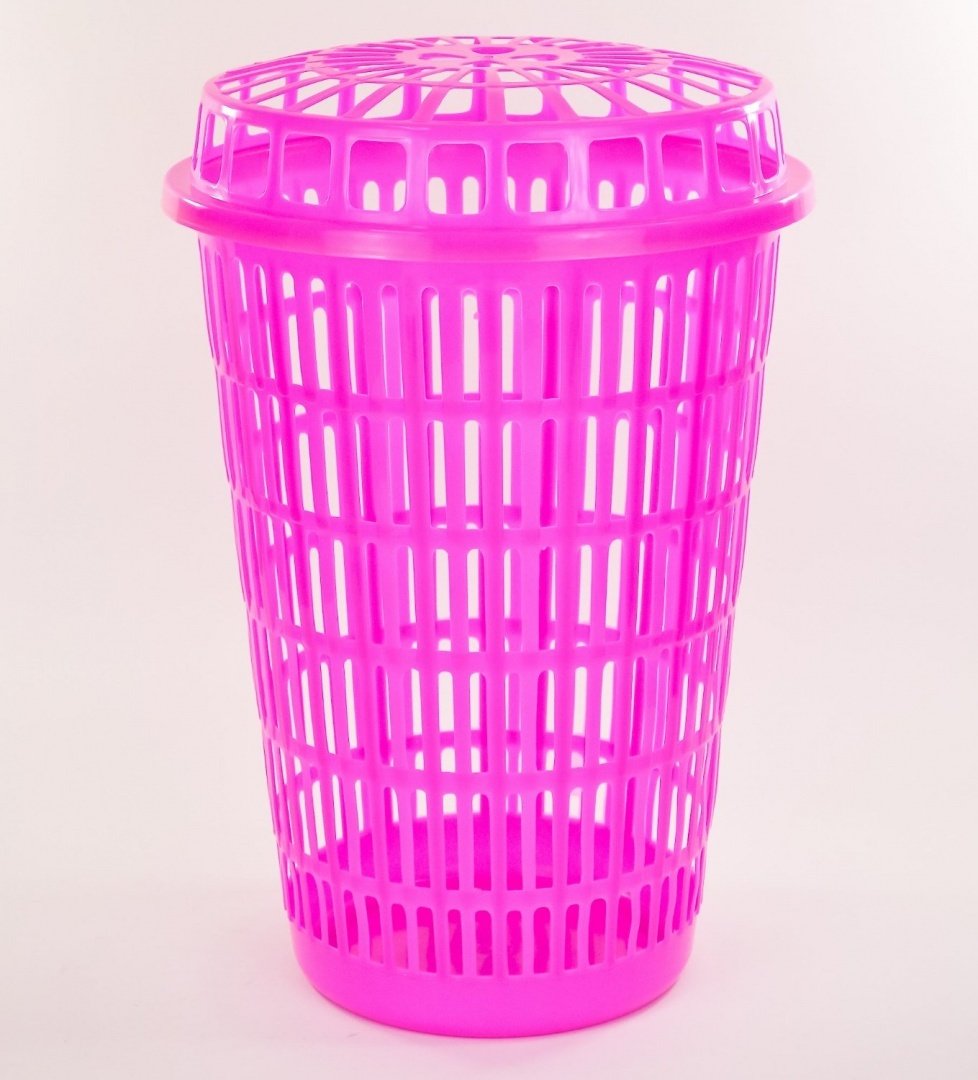 Circular Plastic Laundry Linen Basket Bin Storage Hamper with Lid (Pink