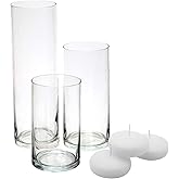 Royal Imports Glass Cylinder Flower Centerpiece Vases Set of 3 - Hurricane Candle Holder Pillar, Floating, Tealights - Use for Floral, Wedding, Home Decor, Holiday Includes 3 Floating Candles