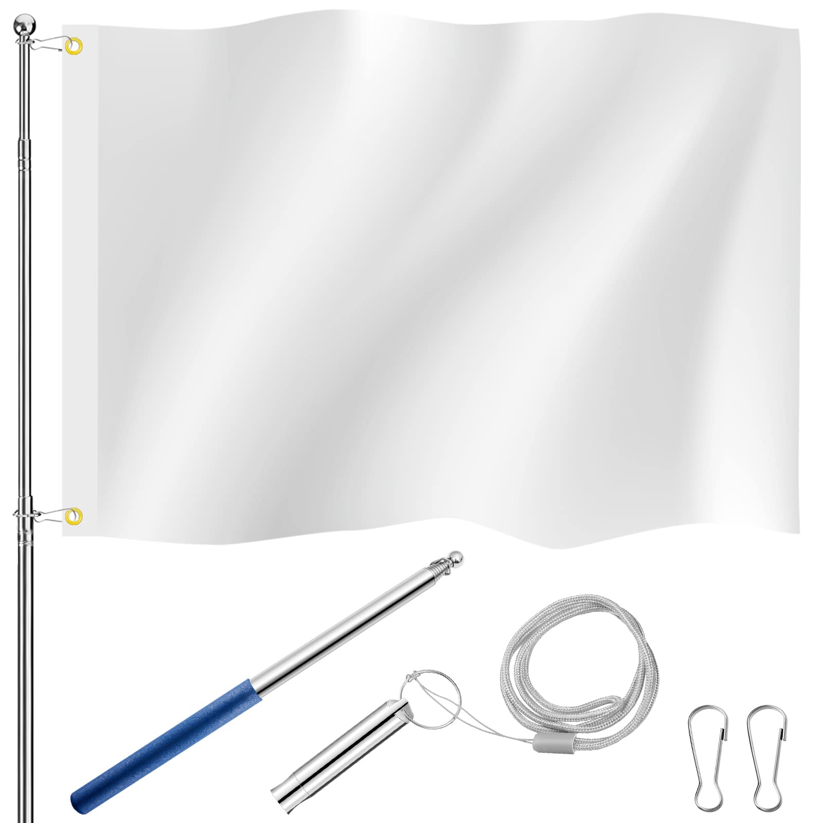 Photect 5ft x 3ft Blank White Flags DIY Banners Telescopic Flag Pole with Pole Whistles Lanyard and 2 Hooks Set Plain Flags Polyester Decoration for Festival Party Garden Game Sport Events