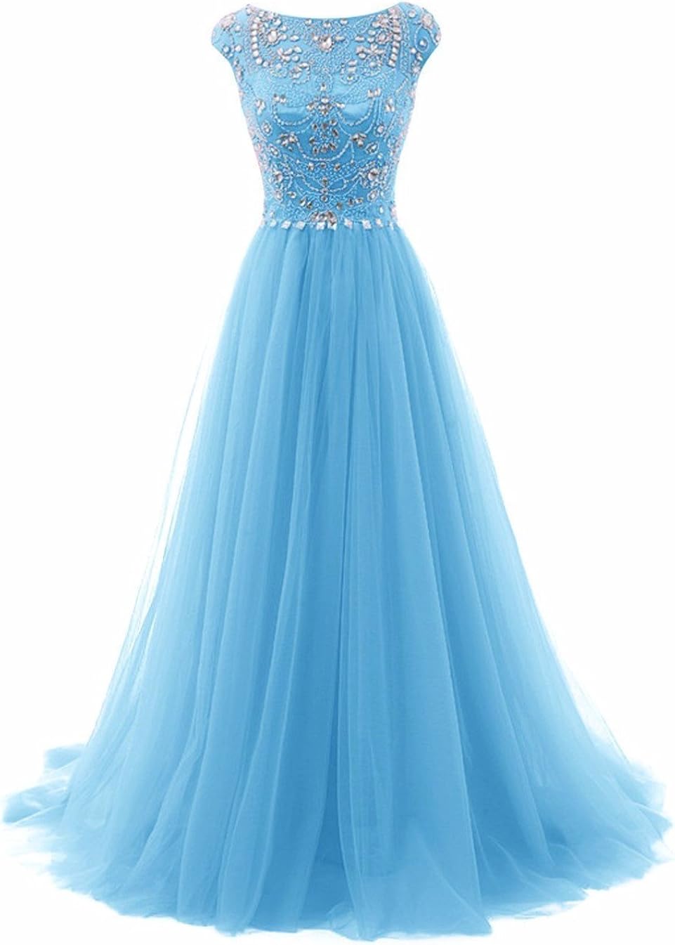 Promworld Women's Wedding Bridesmaid Dress Cap Sleeve Crystal Tulle Long Prom Dresses: Clothing