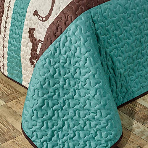 WPM WORLD PRODUCTS MART Western Teal/Beige/Brown Horseshoe, Horse, Barb Wire Cowboy Print Bedspread 3 Piece Southwestern Cabin Lodge Design Coverlet Quilt Set- JENA (Queen) - Thumbnail 3