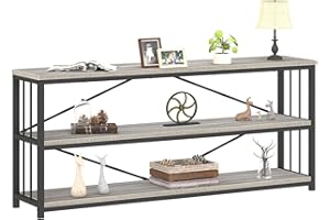 LVB Extra Long 3-Tier Sofa Table, Industrial Console Table with Storage Shelf, Modern Rustic Wood Metal Narrow Entryway Table, Skinny Behind Couch Table for Foyer Living Room Bedroom, Light Grey, 70In