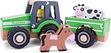 Woet Wooden Toy Tractor with Trailer Green Farm Play Vehicle with 2 Animals view 4