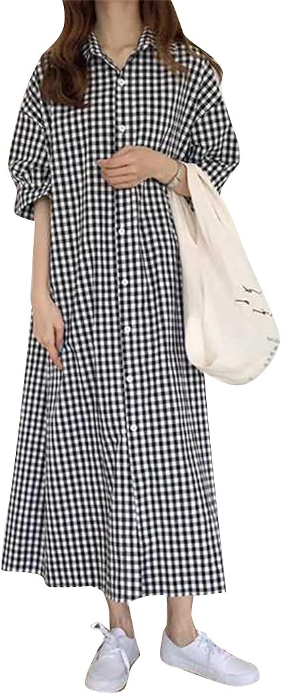 Amazon Muadress レディース ファッション シャツワンピース 韓国 半袖 7分袖 ミモレ丈 大人 ラペル チェック柄 着回し Aライン おしゃれ 体型カバー グリード フリーサイズ ワンピース チュニック 通販