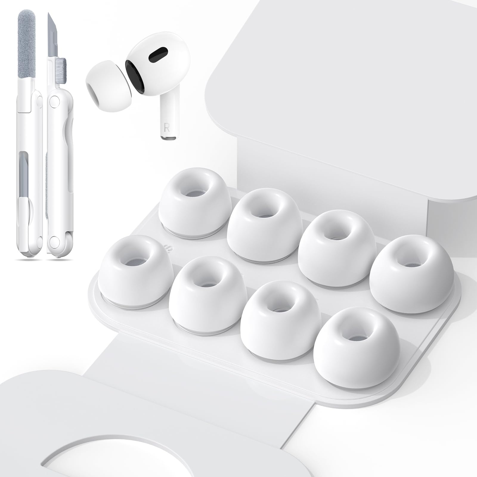 Photo 1 of RFUNGUANGO [4 Pairs] Replacement Ear Tips for AirPods Pro 2nd/1st Generation with Noise Reduction Holes, Silicone Ear Tips for Airpods Pro with Portable Storage Box and Cleaning Pen (XS/S/M/L) -White