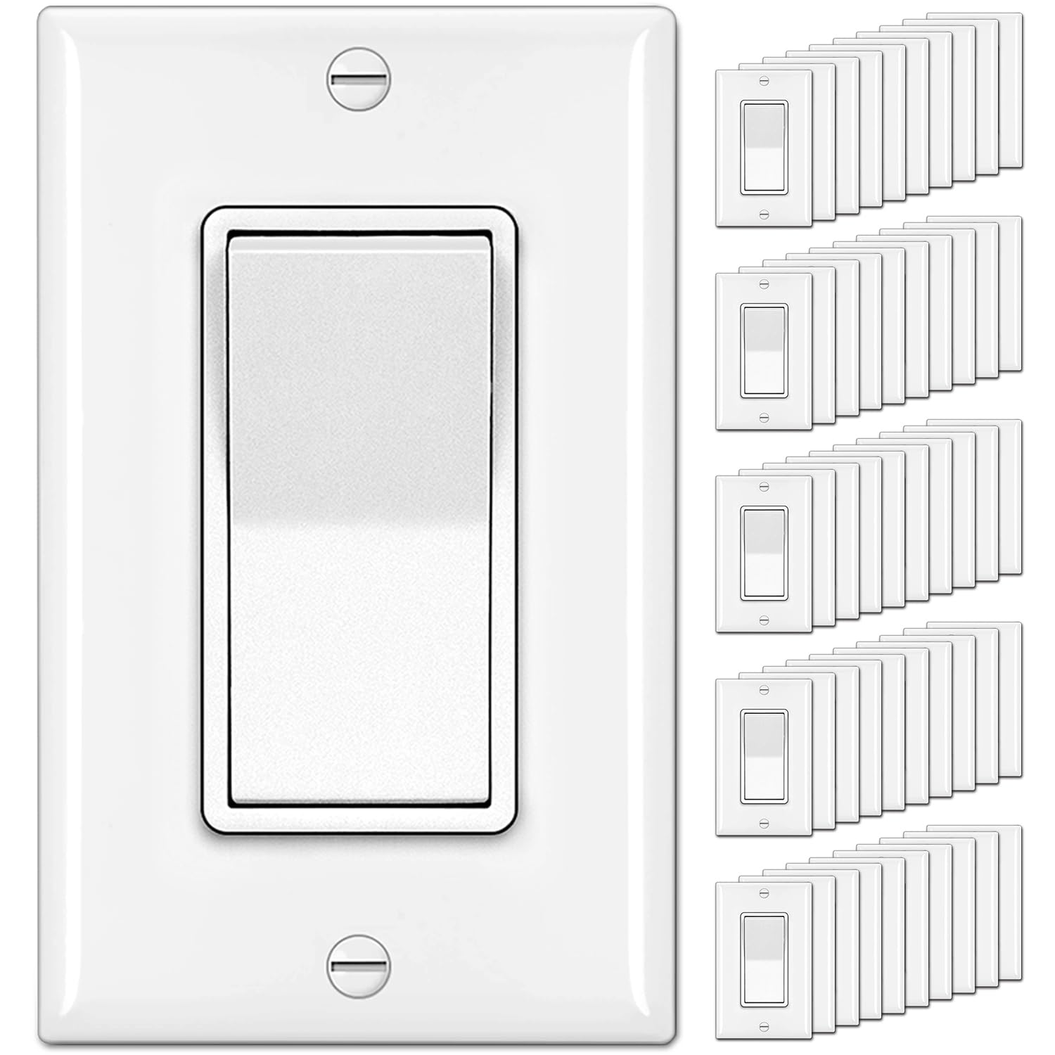 Photo 1 of [50 Pack] BESTTEN Single Pole Decorator Wall Light Switch with Wallplate, 15A 120/277V, On/Off Rocker Paddle Interrupter, UL Listed, White