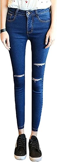 Amazon レディースパンツ デニム ジーンズ スキニー タイト ストレッチ 女性 伸縮性 カジュアル 春 秋 黒 美脚 ダメージ加工 ジーンズ 通販