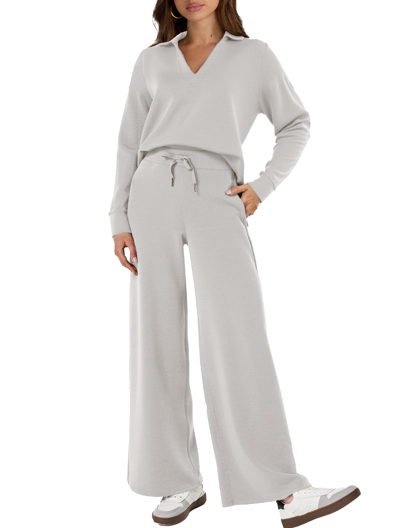 Photo 1 of ***JUST PANTS*** Glamaker Lounge Sets For Women 2 Piece Outfits Long Sleeve Polo V Neck Oversized Matching Sweat Sets (Light Grey M)