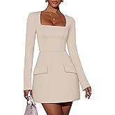 ZESICA Women's 2026 Spring Long Sleeve Bodycon Mini Dress Casual Square Neck Slim Fit Cocktail Party Short Dresses