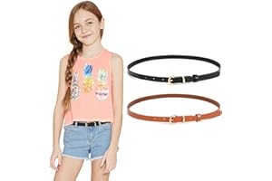 WHIPPY 2 Pack Belts for Girls Kids Skinny Belts Thin Leather Waist Belt with Alloy Pin Buckle for Pants Jeans Dresses