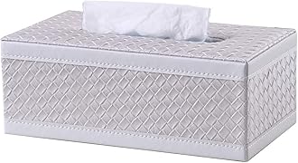 KINGFOM Rectangular PU Leather Facial Tissue Box Napkin Holder for Home Office, Car Automotive Decoration (White Woven Pattern)