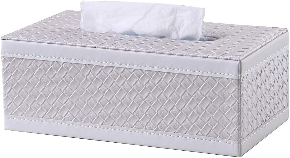 KINGFOM Rectangular PU Leather Facial Tissue Box Napkin Holder for Home Office, Car Automotive Decoration (White Woven Pattern)