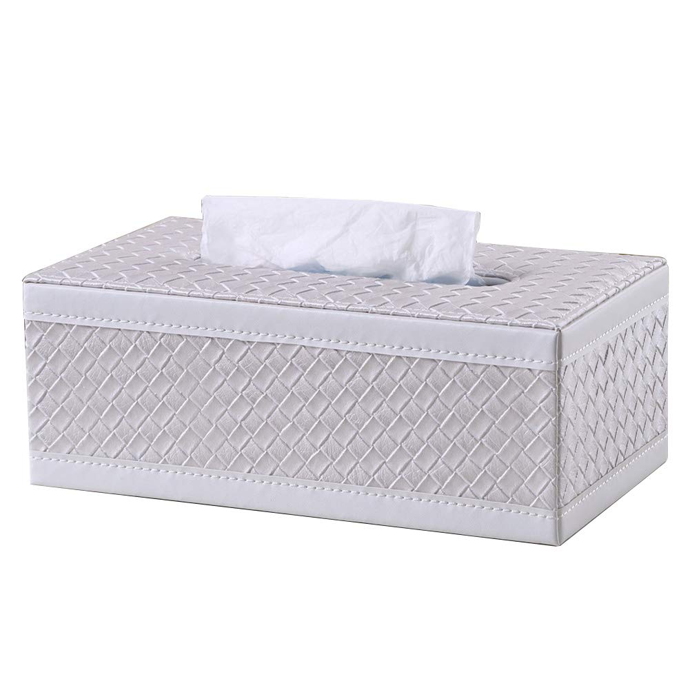 KINGFOM Rectangular PU Leather Facial Tissue Box Napkin Holder for Home Office, Car Automotive Decoration (White Woven Pattern)