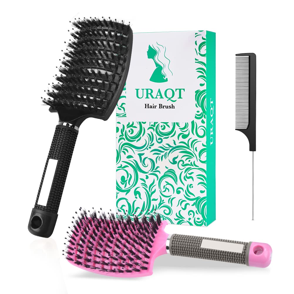 URAQT Hair Brush, 2 Pcs Boar Bristle Paddle Hairbrush with Tail Comb, Soft Massage Vent Brush for Men Women, Detangle Hair Brush for Long Thick Curly Hair, Reducing Hair Breakage (Black & Pink)