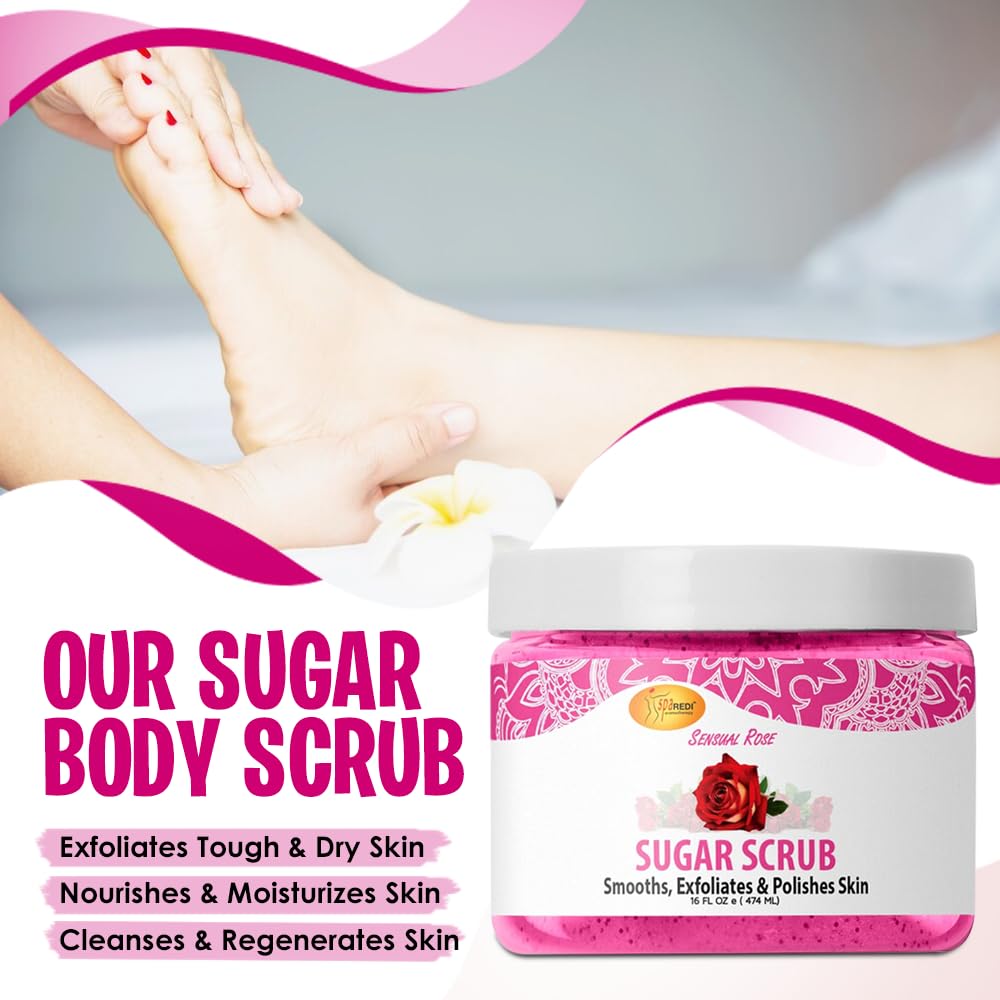 SPA REDI – Sugar Body Scrub, Sensual Rose, 16 Oz, Exfoliating, Moisturizing, Hydrating and Nourishing, Glow, Polish, Smooth and Fresh Skin - Body Exfoliator