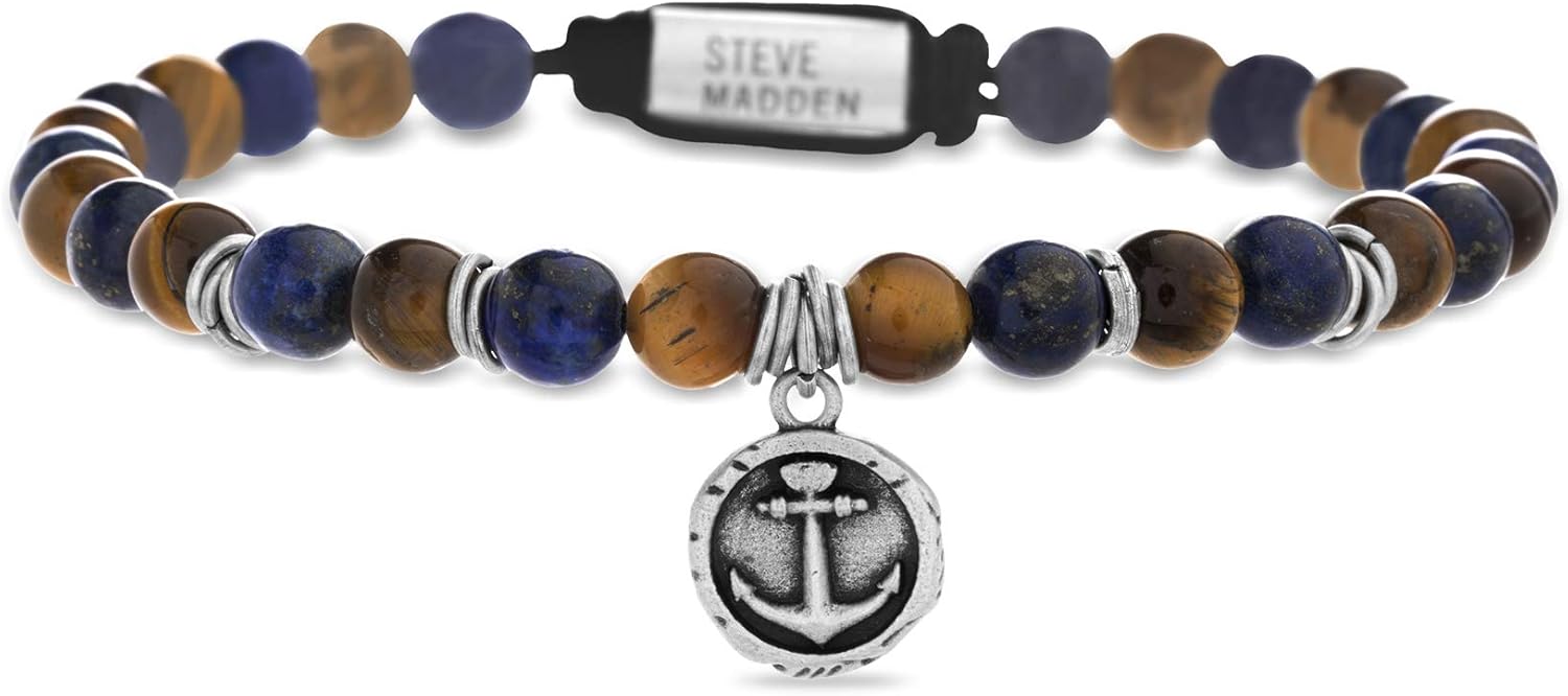 Steve Madden Men's Simulated Blue Lapis and Brown Tiger's Eye Anchor Disc Charm Beaded Adjustable Bracelet in Stainless Steel: Jewelry