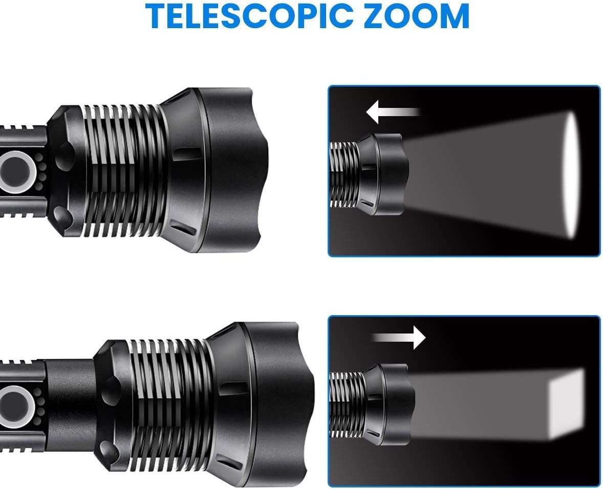 LED Flashlight, 90000 Lumens, Zoomable & Most Powerful Torch with 26650 Battery & USB Rechargeable, 3 Modes Searchlight for Outdoor or Home Emergency (P70 - Black) - - 