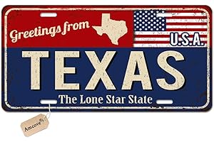 Amcove License Plate Greetings from Texas Vintage Rusty Metal Sign with American Flag Decorative Car Front License Plate,Vanity Tag,Metal Car Plate,Aluminum Novelty License Plate,6 X 12 Inch