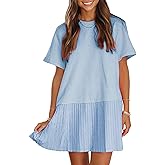 EXLURA Womens Summer Casual Short Sleeve Dress Crewneck Tshirt Dresses Pleated Aline Mini Dress 2025 Vacation Beach Sundress