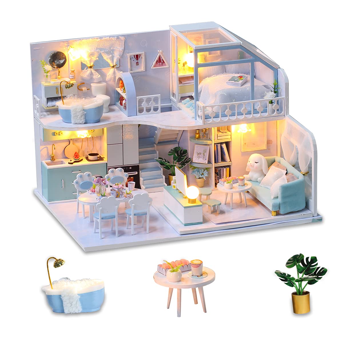 GuDoQi DIY Miniature Dollhouse Kit, Tiny House kit with Furniture, Miniature House Kit 1:24 Scale, Great Gift for Birthday Father's Day, Beautiful Blue Room