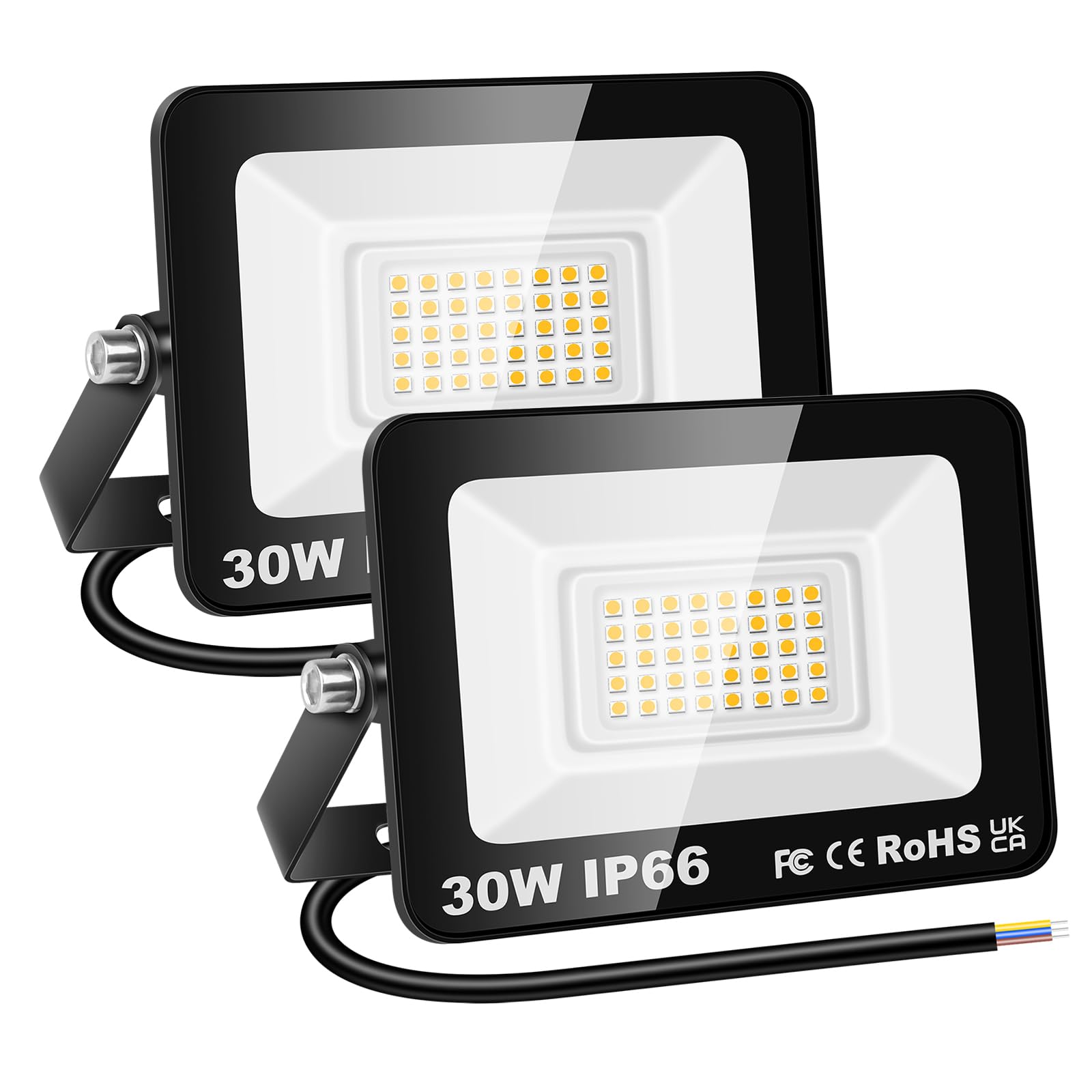 RIGIDON 2 Pcs Outdoor Flood LED Work Light, 30W 3000 Lumens Floodlight, Daylight Warm White Security Lights for Garden Yard Lawn Basketball Football Court Patio Landscape, IP66 Waterproof 3000K