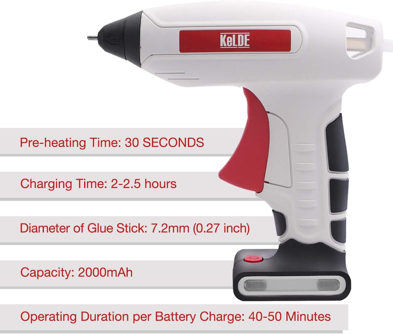 KeLDE Cordless Fine Tip Hot Glue Gun Kit, 30 Seconds Heating Time 3.7V Li-ion 2000mAh Battery Rechargeable Glue Gun, with Cable and Plug: Home Improvement