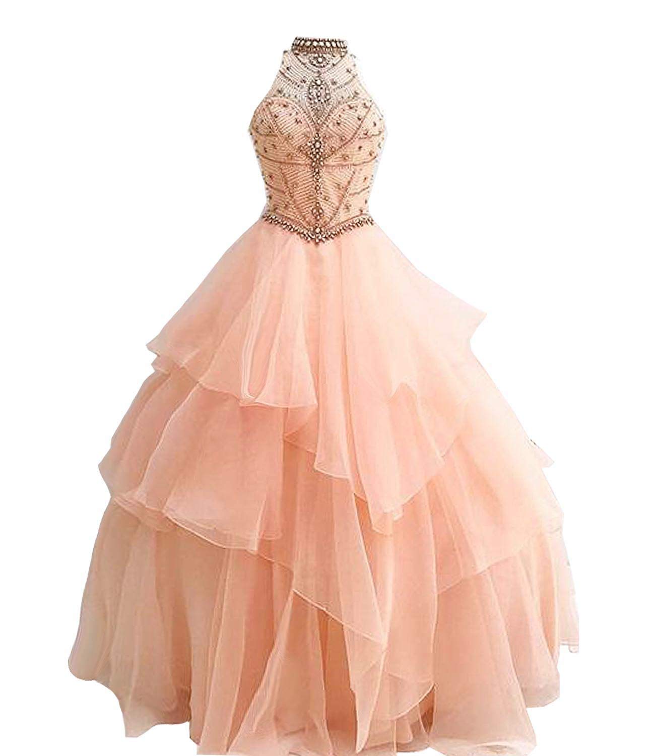 Girls Halter Luxury Beaded Organza Quinceanera Dress Ball Gown Prom Dresses