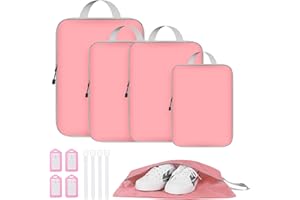 AVITORO Compression Packing Cubes, 5 Set Packing Cubes for Travel Expandable Packing Organizers with Shoe Bag Travel Luggage Bags with 4 Luggage Cards for Suitcases Backpack Travel Essentials