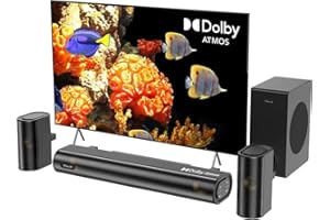 Hiwill 4.1ch Dolby Atmos Soundbar, 300W Sound Bar for TV with Subwoofer, 2 Front Surround Speakers, 3D Surround Sound System 