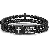 Men's Cross Bracelet for Men - Bible Verse Bead Rosary Braided Black Genuine Leather Bracelets, Bangle Engraved Love You Forever, Christian Catholic Religious Jewelry Christmas Gifts Ideas for Man
