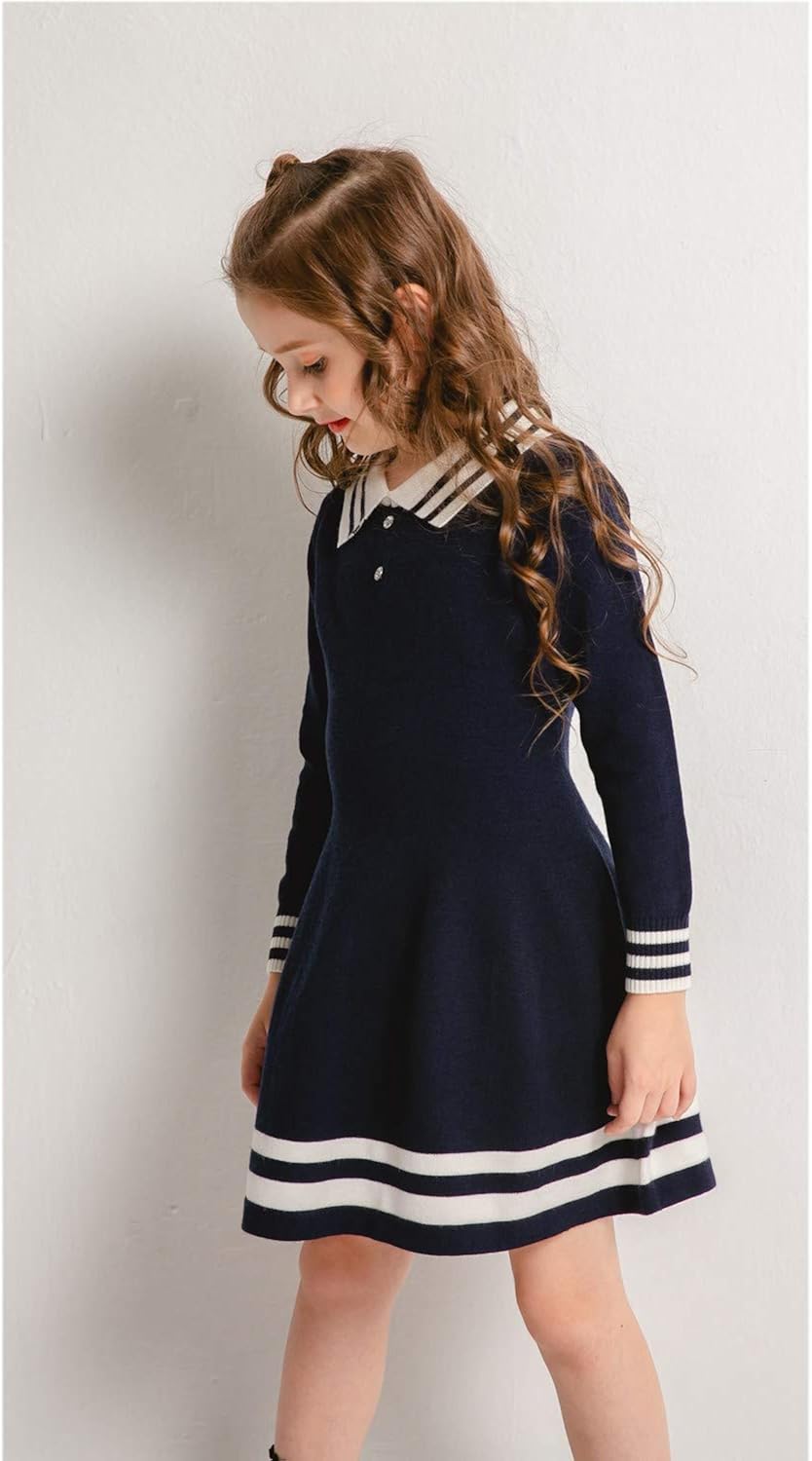 SMILING PINKER Girls Uniform Dresses Long Sleeve School Polo Striped Knit Sweater Dress: Clothing