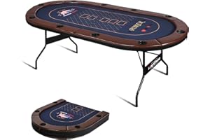 REAHOISY 10 Player Poker Table Foldable, 84” Texas Holdem Poker Table, Portable Casino Table for Game Room, Folding Oval Blackjack Game Table w/Padded Rails and Cup Holders, No Assembly Required (Brown)