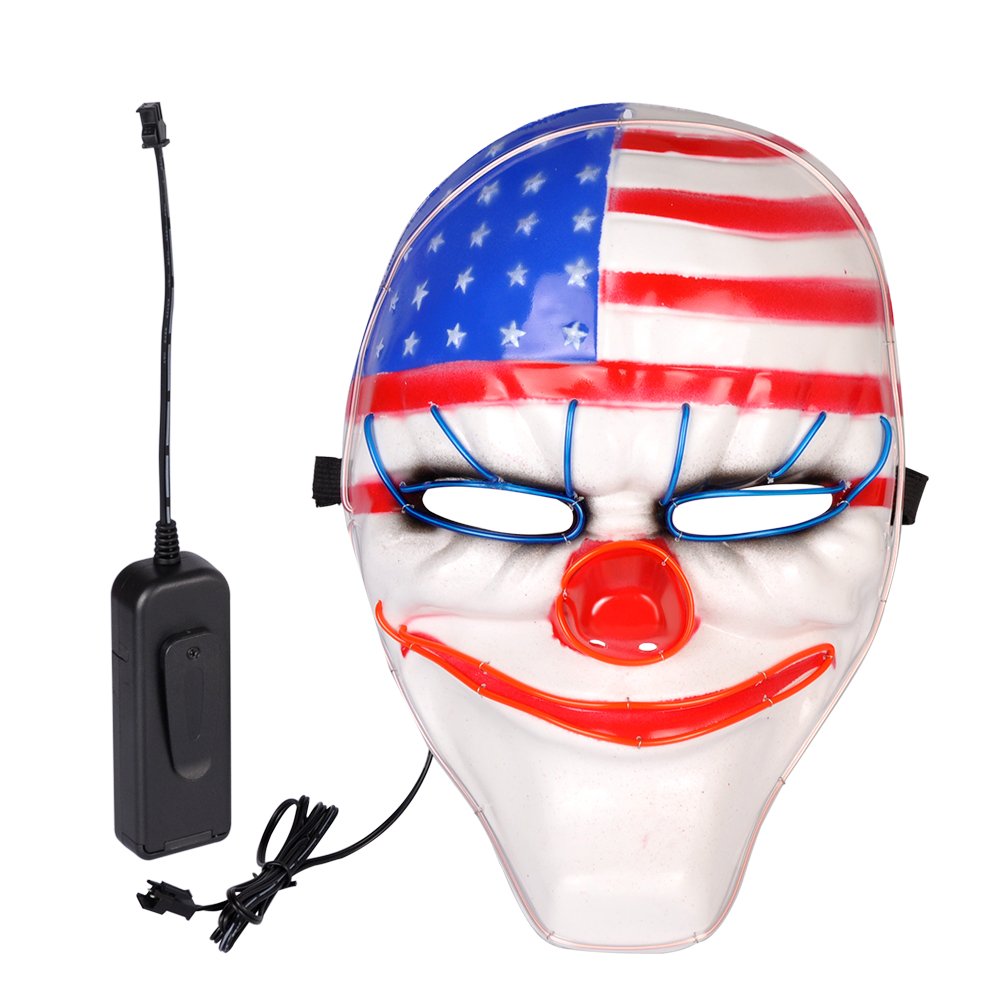 Cece Light Up Mask w/Creepy Clown USA Flag Glowing For Halloween Rave Costume Party