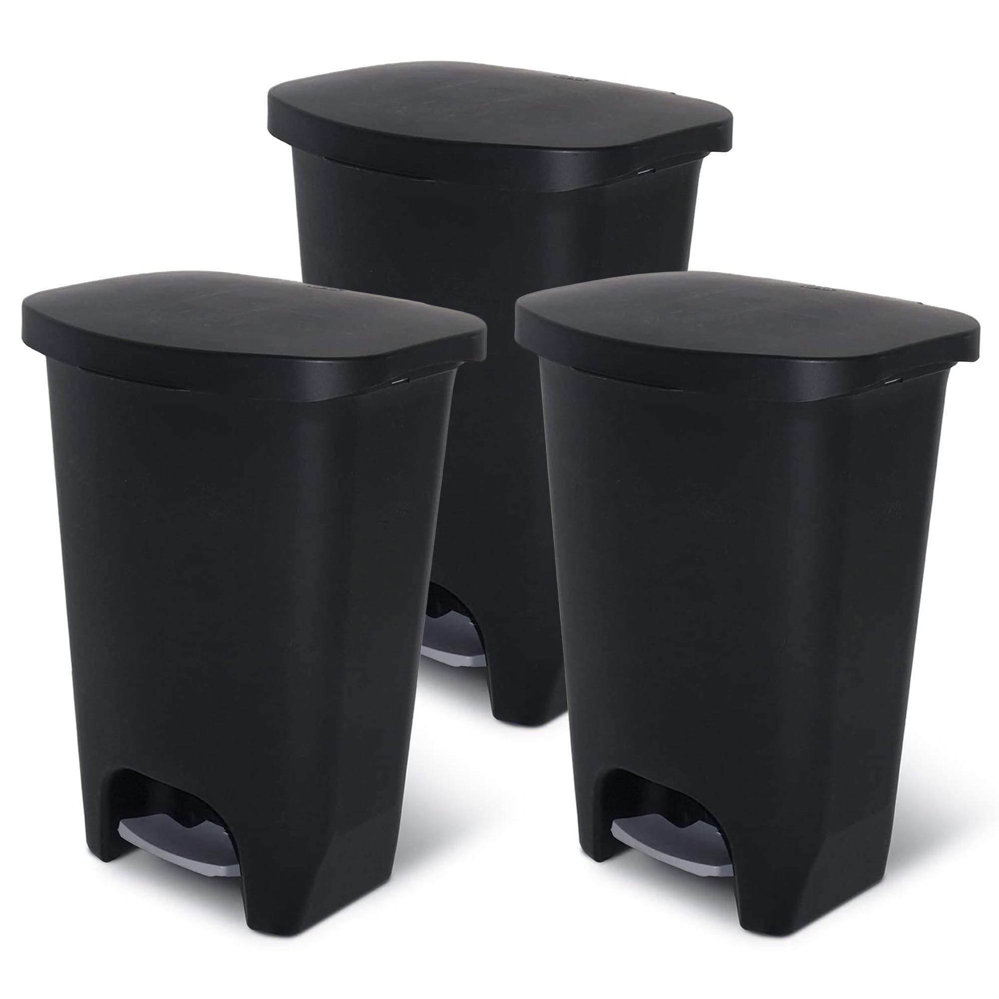 Glad 3 Pack 13 Gal Trash Can | Plastic Kitchen Waste Bin with Odor Protection of Lid | Hands Free with Step On Foot Pedal and Garbage Bag Rings, Black