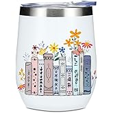 Wine Tumbler, 12 oz Coffee Mug Travel Insulated Cup Vacuum Wine Glass with Lid, Book Lovers Gifts Birthday Christmas Farewell Reading Book Accessories Bookish Librarian Gifts for Women Coworker