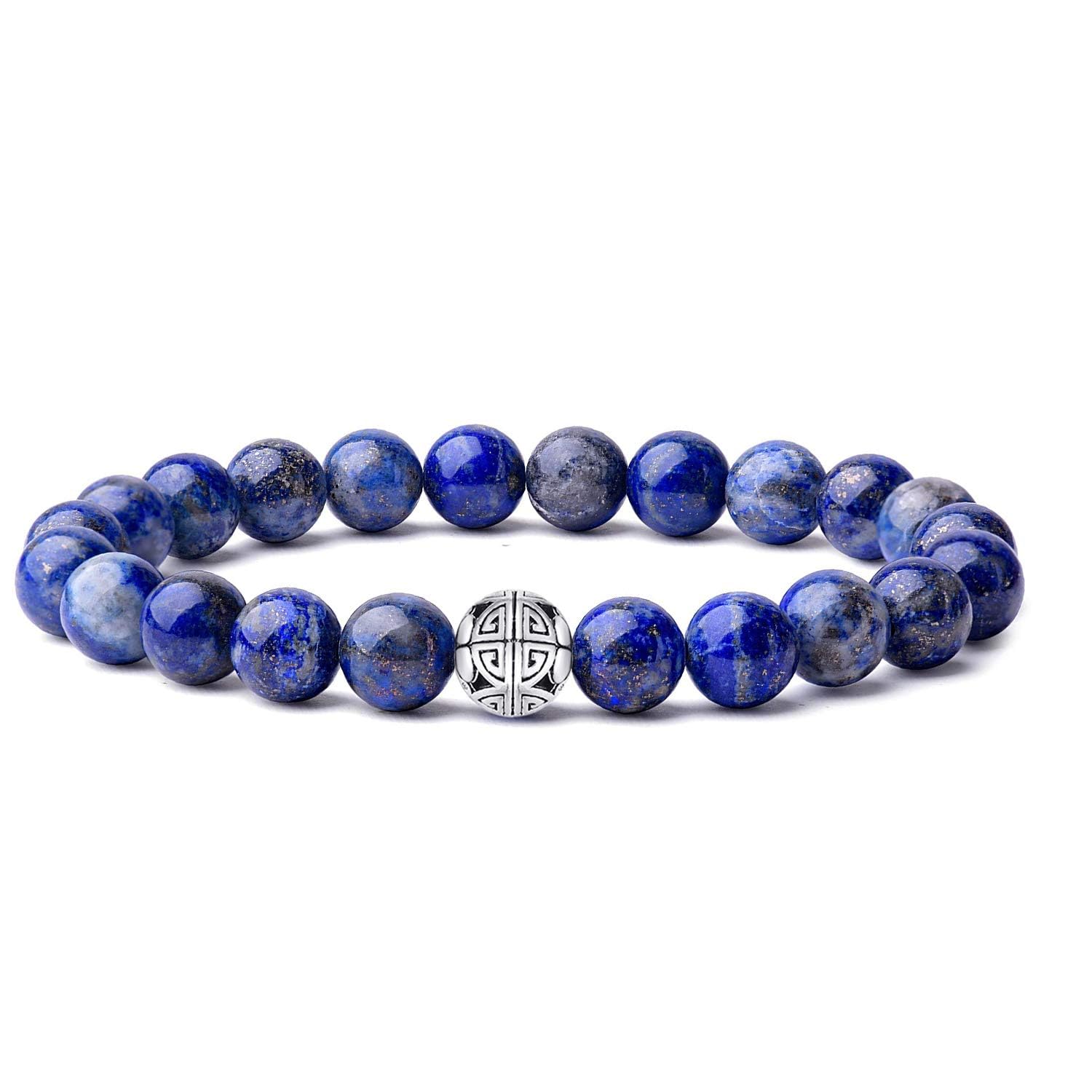 MetJakt Natural 8mm Gemstones Healing Crystal Stretch Beaded Bracelet Bangle with 925 Sterling Silver Double Happiness Pendant (Lapis Lazuli) โ image 1