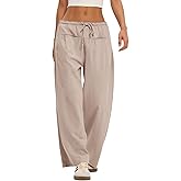LOMON Pants for Women Wide Leg Side Striped Pants Drawstring Baggy Palazzo Work Trousers with Pockets (Khaki, L)