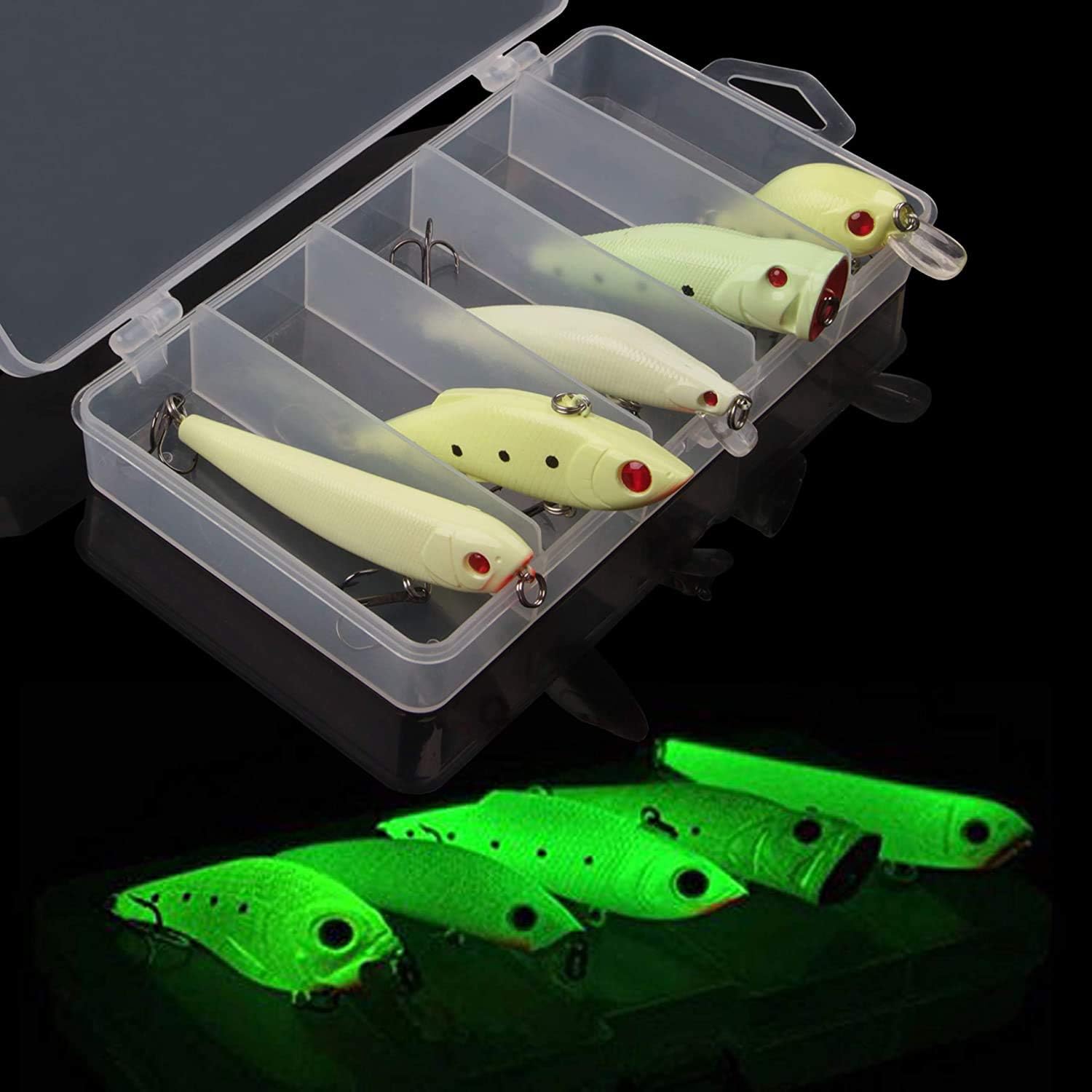 Glow Fishing Lures Kit Luminous VIB Popper Crank Minnow Pencil for Night Fishing Glow in The Dark Artificial Hard Baits with Treble Hook for Bass Trout Catfish Saltwater Freshwater - Image 5