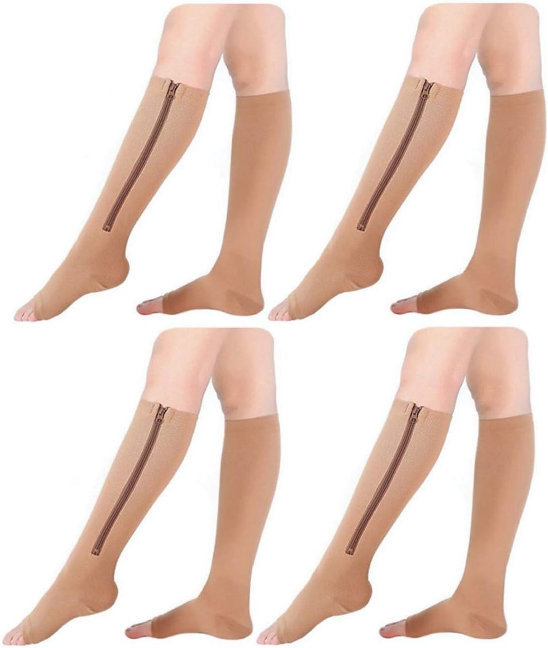 Starmace 4 Pack 15-20 mmHg Open Toe Zipper Compression Socks Medical Relief Calf Leg Fatigue Swelling Circulation Support (L/XL, Beige)