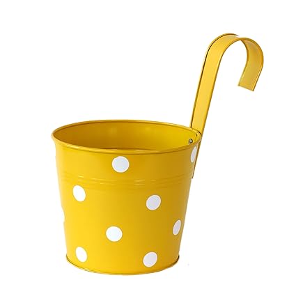 PLANTERS Dotted Oval Metal Hanging Flower Pots for Railing Balcony Home and Garden Decoration (Yellow, Pack of 5)