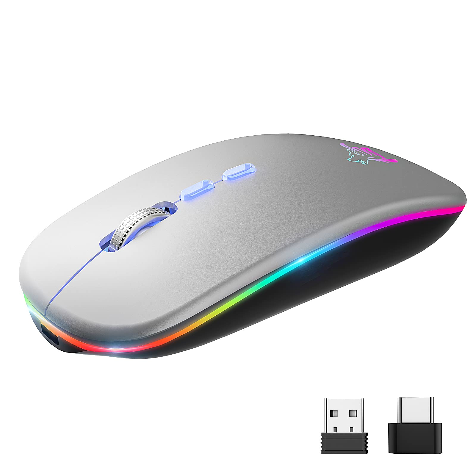 Photo 1 of HOTLIFE LED Wireless Mouse, Slim Rechargeable Silent Bluetooth Mouse, Portable USB Optical 2.4G Wireless Bluetooth Two Mode Computer Mice with USB Receiver and Type C Adapter(Silver)