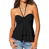 BAIGRAM Women Sweetheart Neck Tiered Ruffle Tie Up Halter Tube Sleeveless Ruched Bustier Cami Tank Summer Flowy Peplum Tops