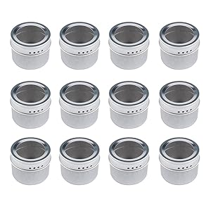 Bekith 12 Pack Magnetic Spice Tins Multi-Purpose Storage Tin, Clear Top Lid with Sift or Pour, Magnetic on Refrigerator and Grill. Includes 144 PVC Spice Label Set