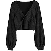 ZAFUL Women's Pullover Ribbed Cropped Knitwear Drawstring Ruched Knitted Crop Top Solid V-Neck Long Sleeve T-Shirt