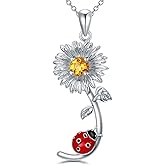 BETHZA Daisy Ladybug Necklace 925 Sterling Silver Natural Citrine Daisy Flower Red Ladybug Pendant Jewelry Gifts for Women