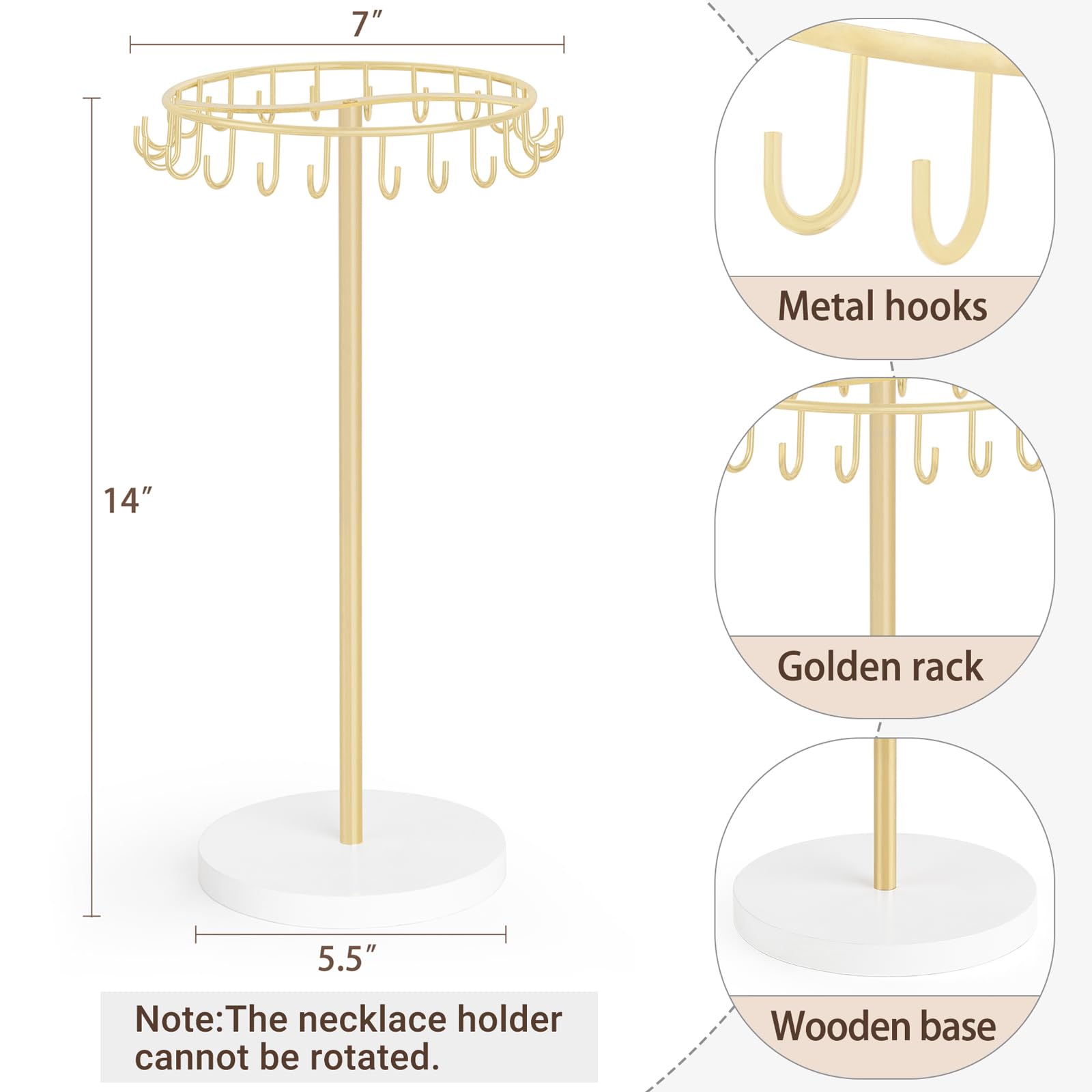 Mkono Mkono Necklace Holder Metal Jewelry Display Stand Necklace Organizer with 22 Hooks for Storage and Hanging Bracelet Keychain Home Room Deocr for Women,Gold