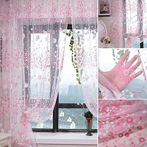TINNZTES Curtain Sheer, window screening, Window gauze, fresh Flower Sun Flower, Door Room Dividers, Fit for bedroom, living room, balcony, window, 39.4x78.7 inch (Pink)
